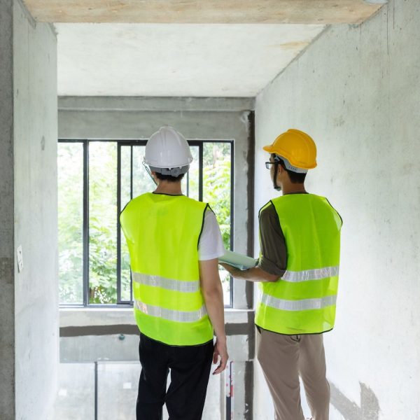 "Proses pembangunan rumah dengan pekerja konstruksi"